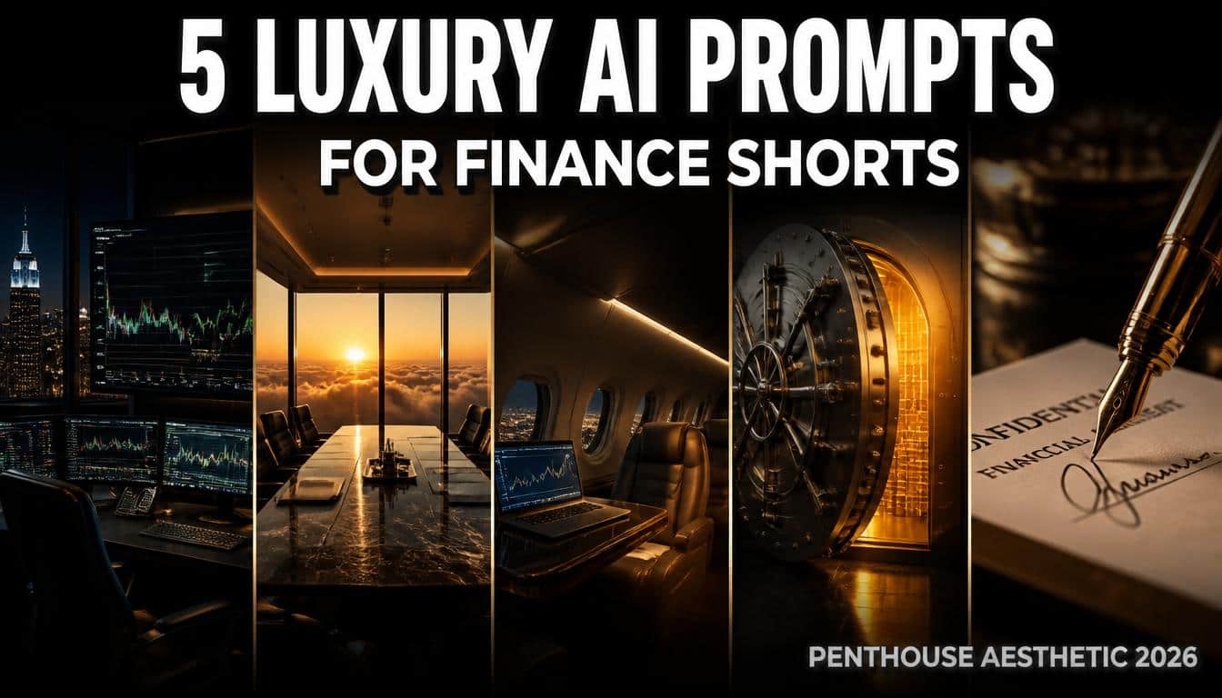 5 Luxury AI Prompts for Finance Shorts collage with trading desk, boardroom, private jet, vault, and gold pen