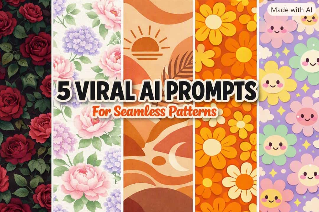 5 viral AI prompts for seamless patterns collage featuring vintage moody floral watercolor spring boho terracotta retro groovy and kawaii pastel blooms for Etsy print on demand USA