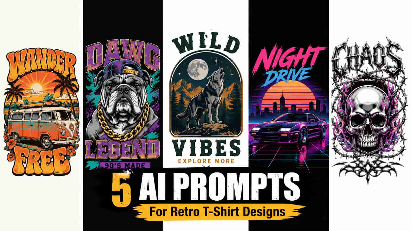 5 AI prompts for retro t-shirt designs featured collage with 70s groovy wander free van sunset 90s bootleg dawg legend bulldog outdoorsy wild vibes wolf 80s synthwave night drive neon car and Y2K chaos chrome skull for POD apparel