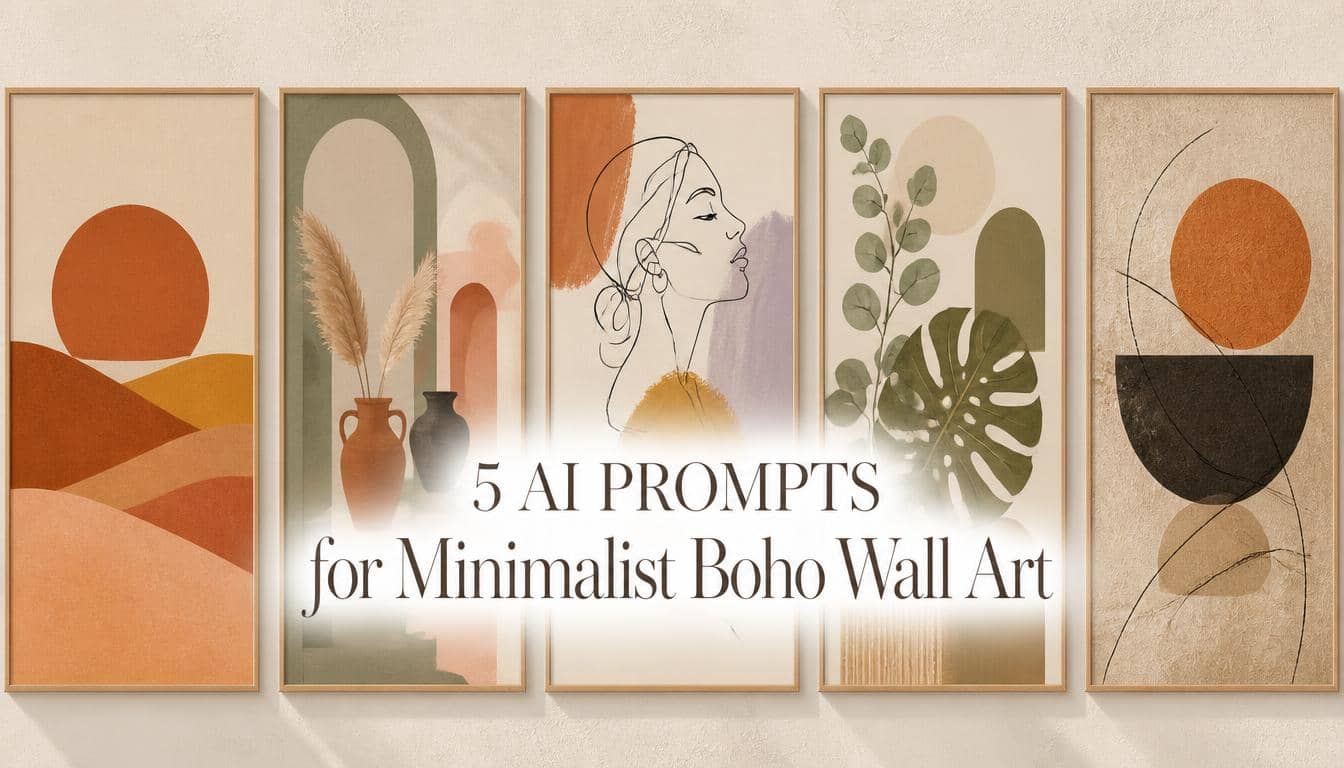 Featured gallery wall showcasing 5 AI prompts for minimalist boho wall art with terracotta desert sun, arches and vases, continuous line art silhouette, neutral botanical leaves and moody wabi-sabi geometric prints